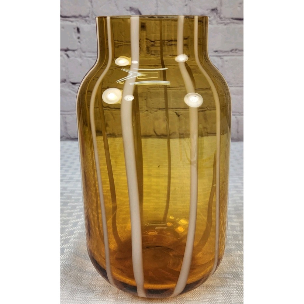 Vintage Hand-Blown Amber Butterscotch And White Striped Glass Vase